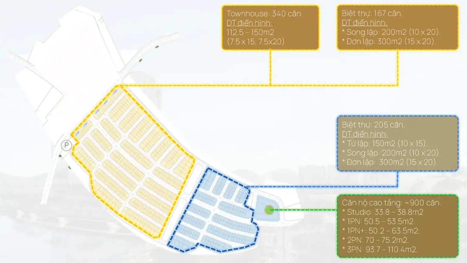 Mặt bằng chi tiết với 900 căn hộ cao tầng, 340 townhouse v&agrave; 205 biệt thự đa phong c&aacute;ch. Sở hữu ngay cơ hội đầu tư tại Sun Group Nha Trang &ndash; dự &aacute;n trọng điểm Kh&aacute;nh H&ograve;a.